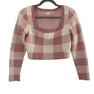 Altar’d State Square Neck Pink Check Preppy Long Sleeve Cropped Sweater Small